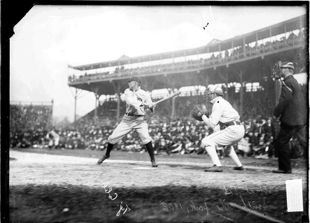 Detroit Tigers baseball player Ty Cobb, batting during a game against the Chicago White Sox at South Side Park
